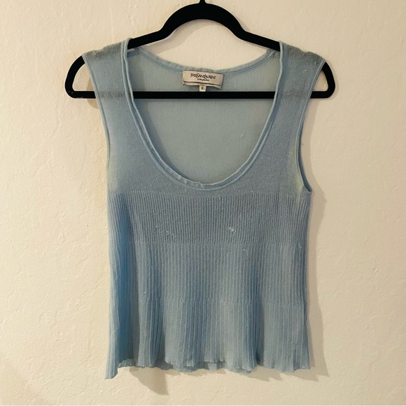 Saint Laurent Top Tank Semi-Sheer Pure Cashmere Sleeveless Blue Tank Top… - Picture 5 of 13